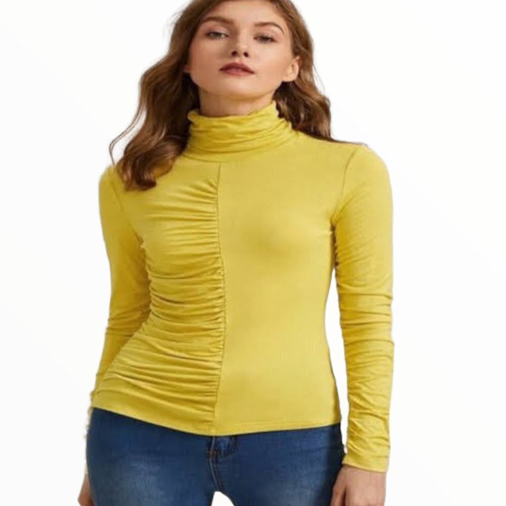 Yellow Mustard Sweater Top Small  Mock Neck Rauch Front Fitted Tee Long Sleeve